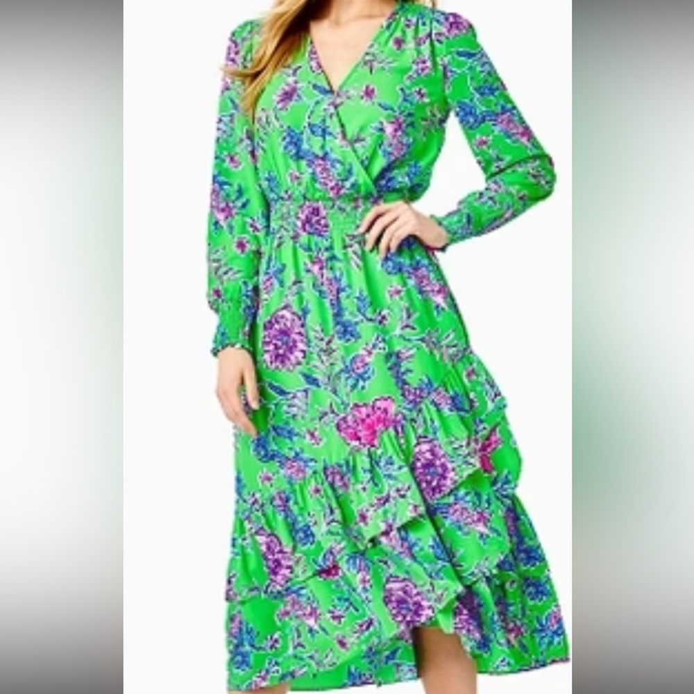 Lilly Pulitzer Cristiana Stretch Midi Dress Gecko Green Brewsters Blooms Sz 00 - Picture 16 of 16